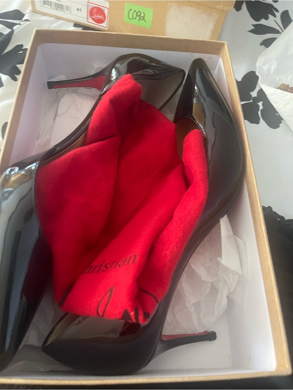 Christian Louboutin Black Patent Pointed Toe Stilettos with Red Interior
